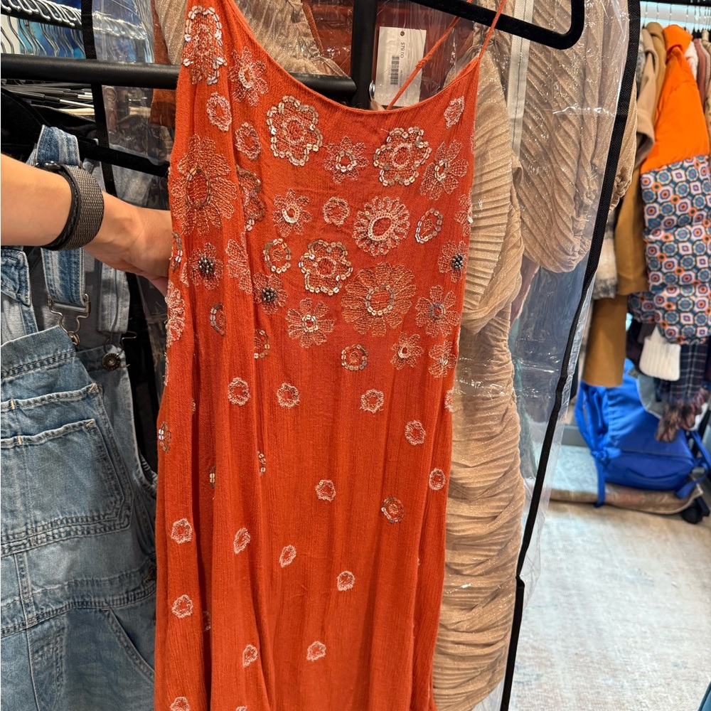 FREE PEOPLE Orange Dress with Floral embroidered beading